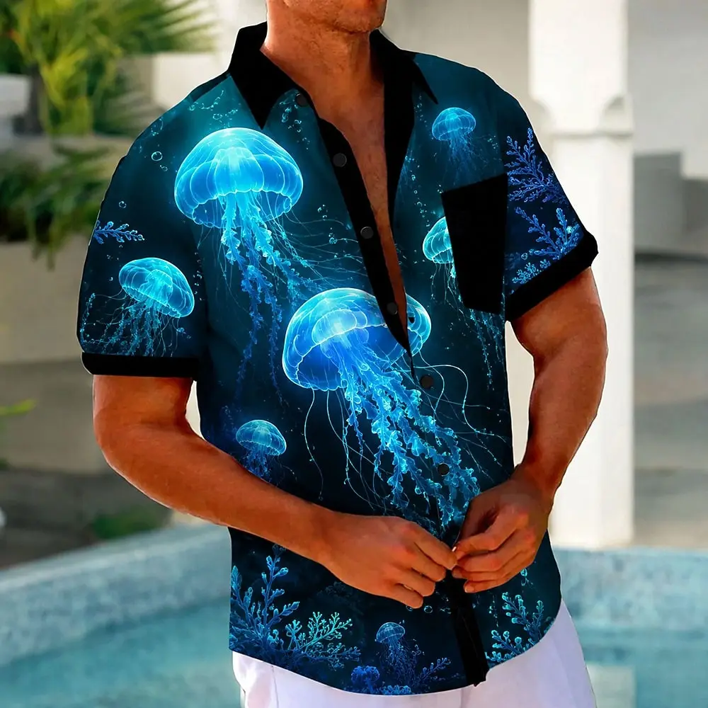 

Men's Short Sleeve Turndown Collar 3D Jellyfish Sea Creature Neon Print Shirt, Hawaiian Style for Spring Summer Beach Wear