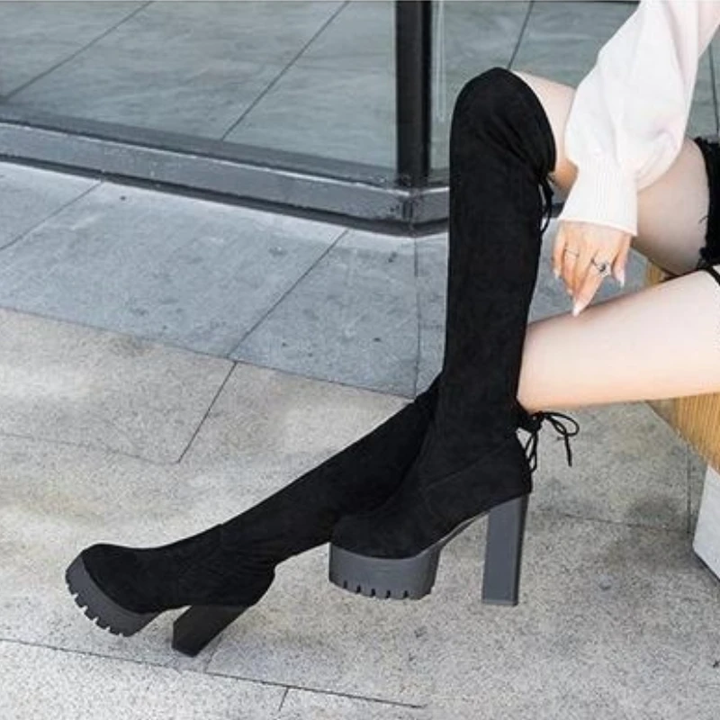 

2025 Autumn Winter Women's Slimming Over The Knee Boots Chunky Heel Rear Lacing Fleece Lined Elastic High Heel Platform Boots
