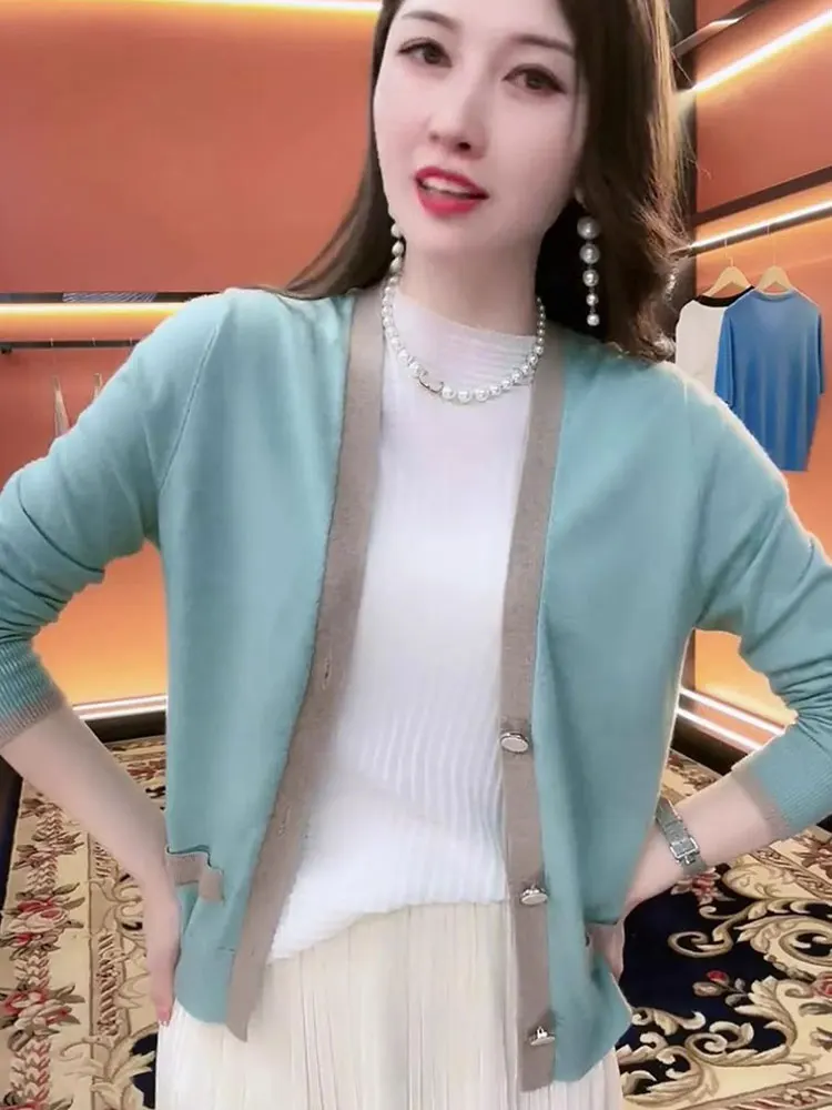 Faionable Color Blo tejido cárdigan abierto Casual suelto adelgazante prendas de vestir exteriores mujer otoño nuevo Sle Top viaje viento Sle