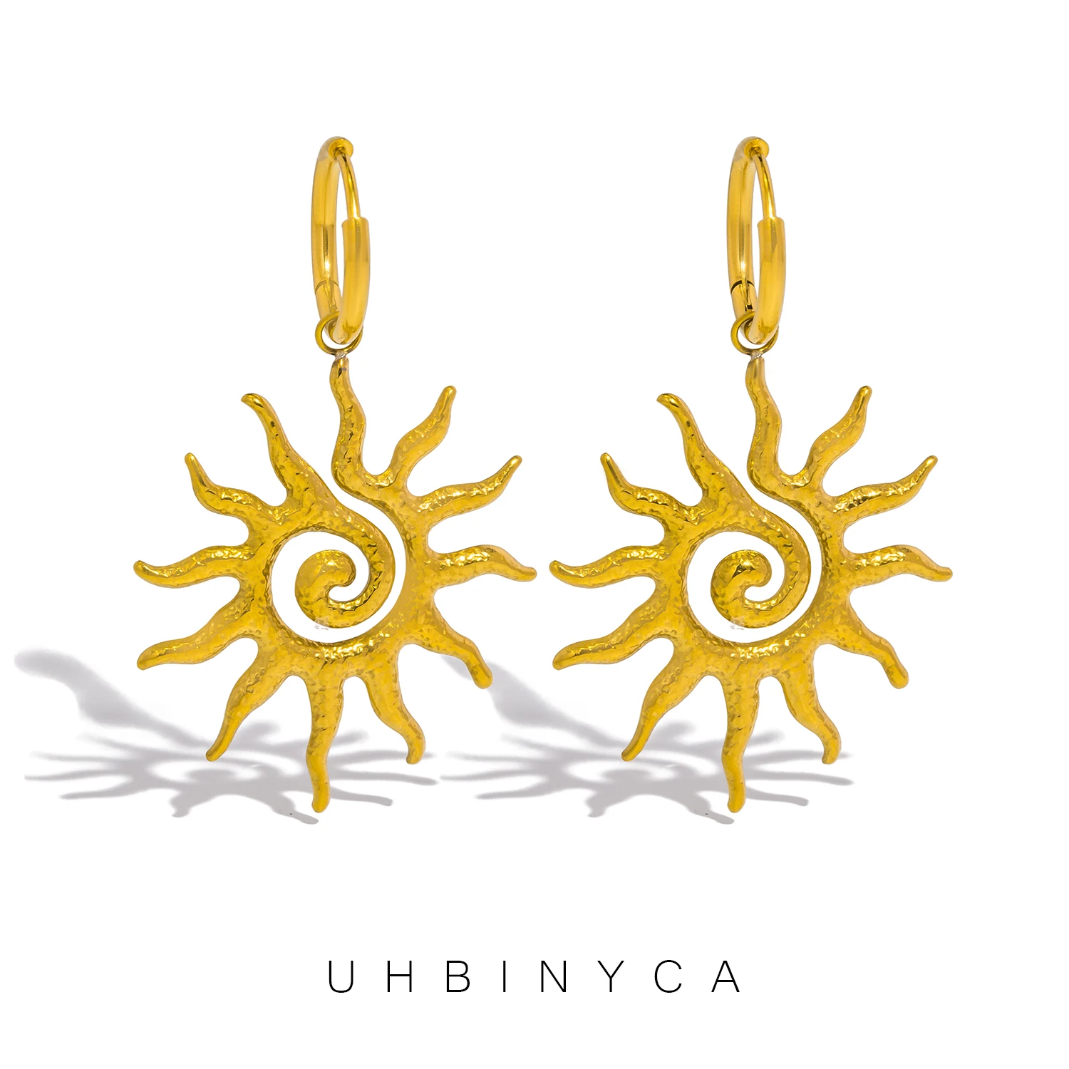 UHBINYCA Vintage Sun Geometric Drop Earrings for Women Golden Stainless Steel Fashion Aesthetic Trend Jewelry Gift