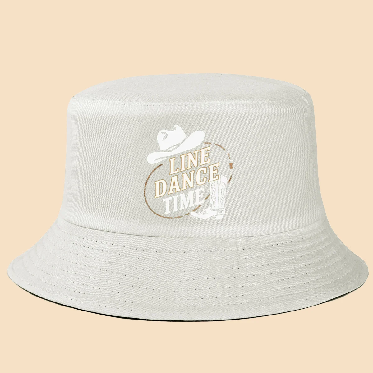 1 pièce Chapeau bob imprimé style western « LINE DANCE TIME » avec éléments de chapeau de cowboy, de corde nouée et de bottes sculptées - Tendance et unique