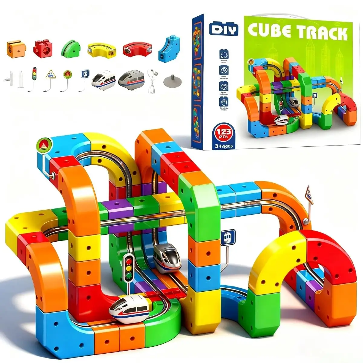 Klickrail Electric Train Set-Magnetic Monorail Building Blocks Cube Puzzle Toy for Kids in Stock Christmas Gift,for Male Female