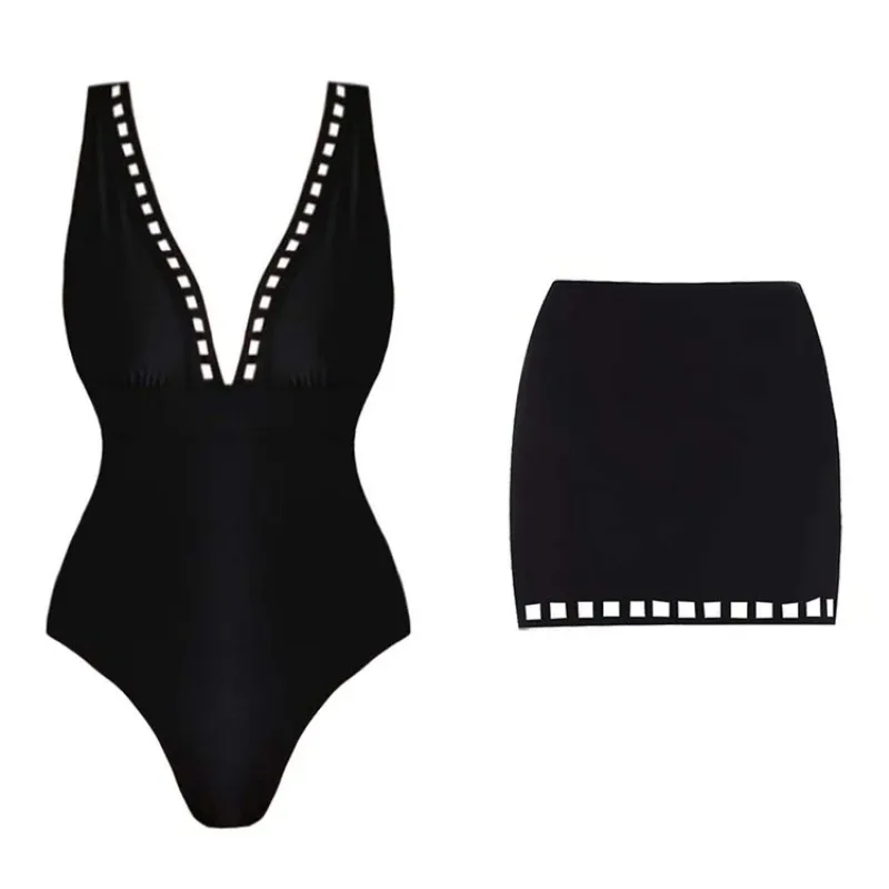 One Piece Swimsuit For Women European And American Swimwear V-neck Sexy Hollow Spice Girl Style One-piece Swimsuit Short Skirt S