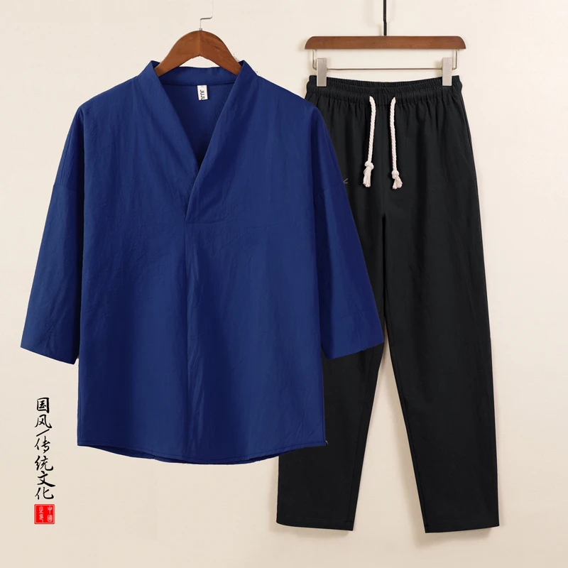

Комплект из двух предметов, мужской льняной хлопковый удобный (рубашки + брюки), китайский стиль, ретро с короткими рукавами, мужской повседневный костюм Тан, брюки кунгфу