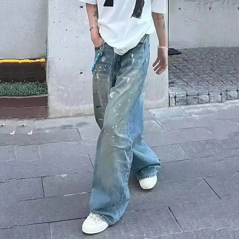 American Style Men's Denim Trousers Washed Splash-ink Contrast Color Vintage Bottom All-match Straight Male Jeans 99EFO