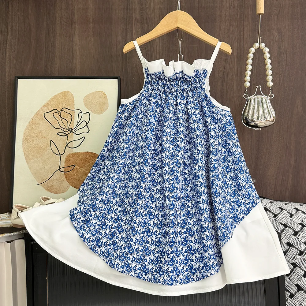 Summer Promotion Blue Pleated Flower Print Casual Dress for Girls Aged 3-6, Daily Wear Korean Version