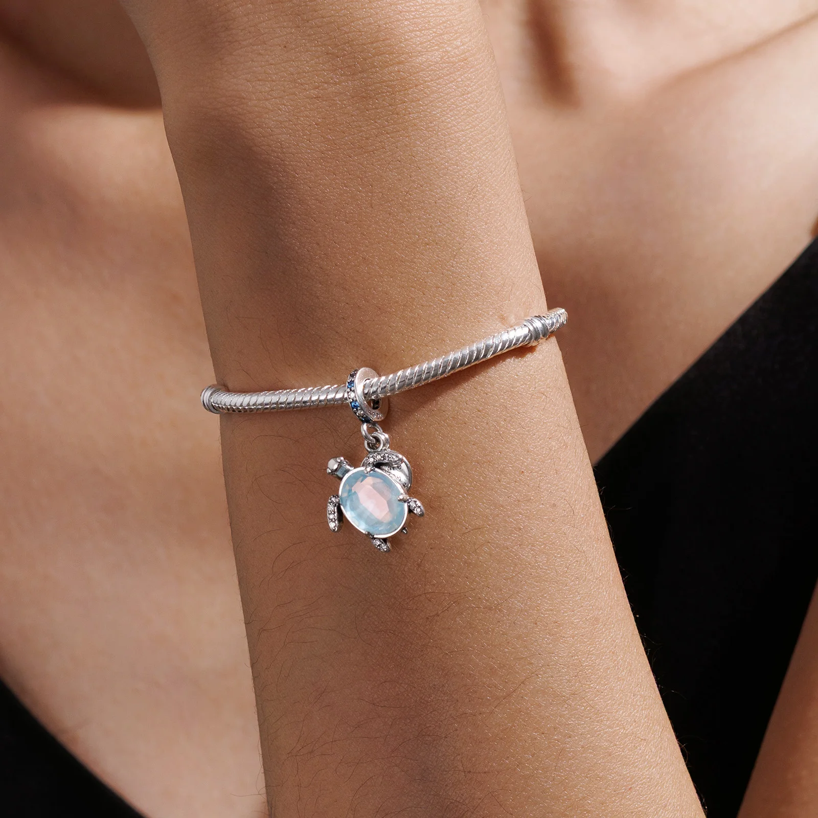 925 Sterling Silver Turtle Dangle Charm with Blue Opal