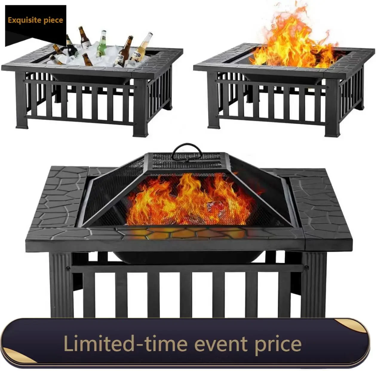 

32 Inch Metal Square Outdoor Fire Pit Table Camping Heating Bonfire Picnic Patio Backyard Garden