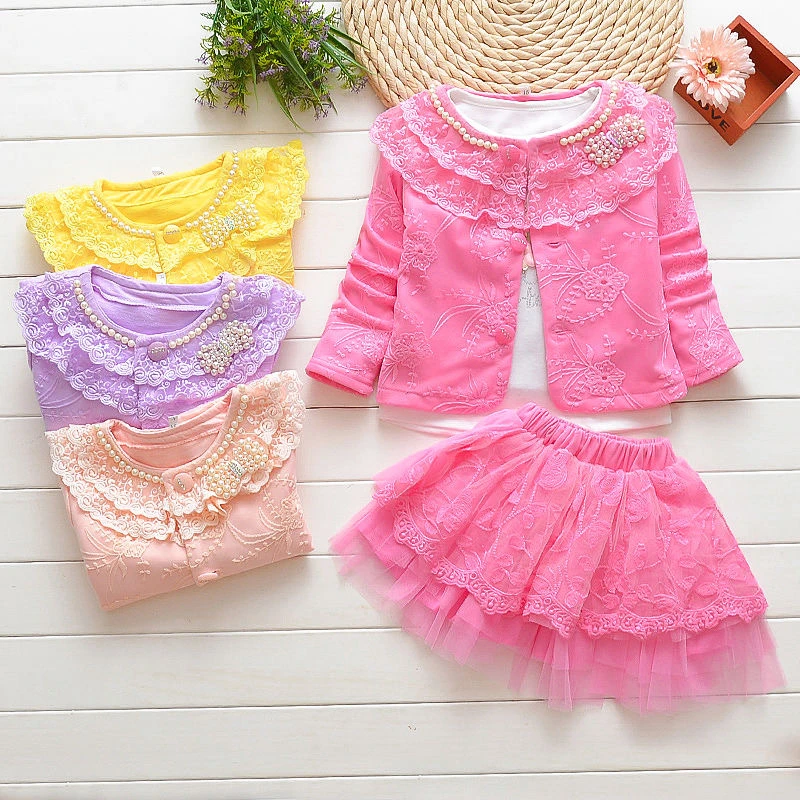 

New Baby Girl Clothes Sets Kids Toddler Long Sleeve Pearl Jacket Lace Tutu Skirts T-shirts Children Outfits For Spring Autumn