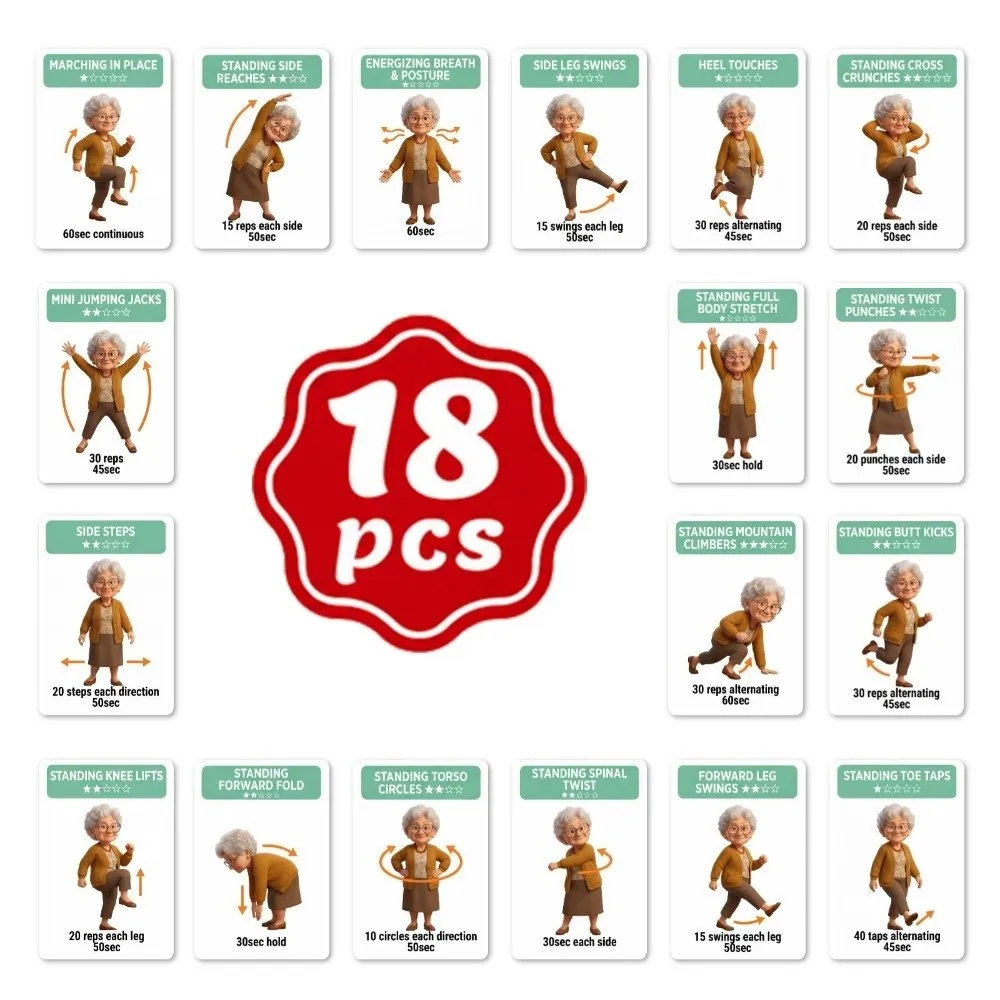 18Pcs Illustrated Step Move Guide Senior Standing Exercise Flashcards Paper Fitness Sheets Low-Impact Gentle Stretch Cards