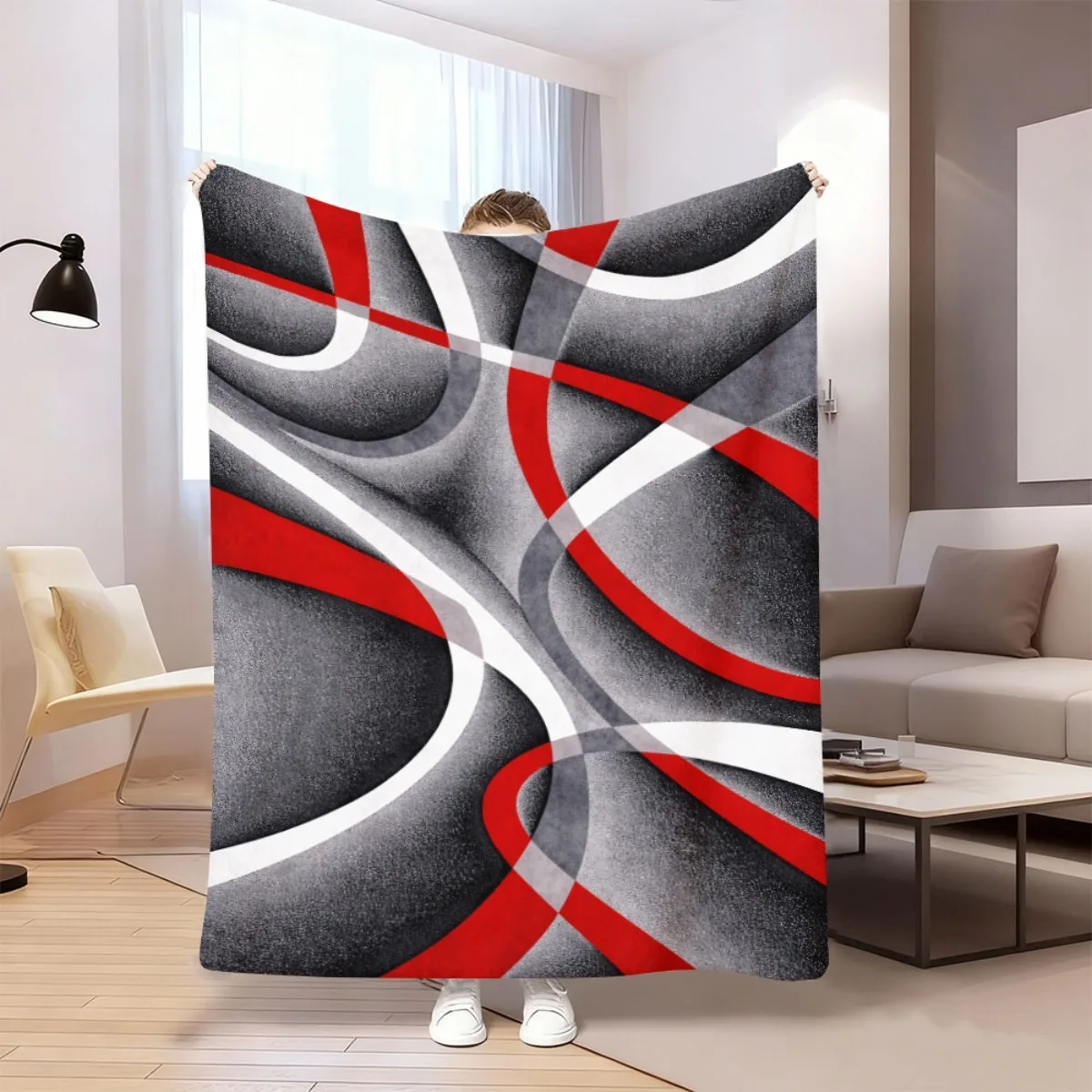 1pc Abstract Red White Grey Wavy Textured Pattern Flannel Blanket Multi-Purpose, Skin Friendly, Vibrant Colors, Ultra Soft Perfe