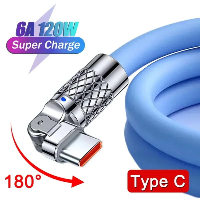 6a 120w Typ C Kabel Zink legierung drehbares Schnell ladekabel für Xiaomi Samsung Huawei fett verlängertes Silikon-Ladekabel