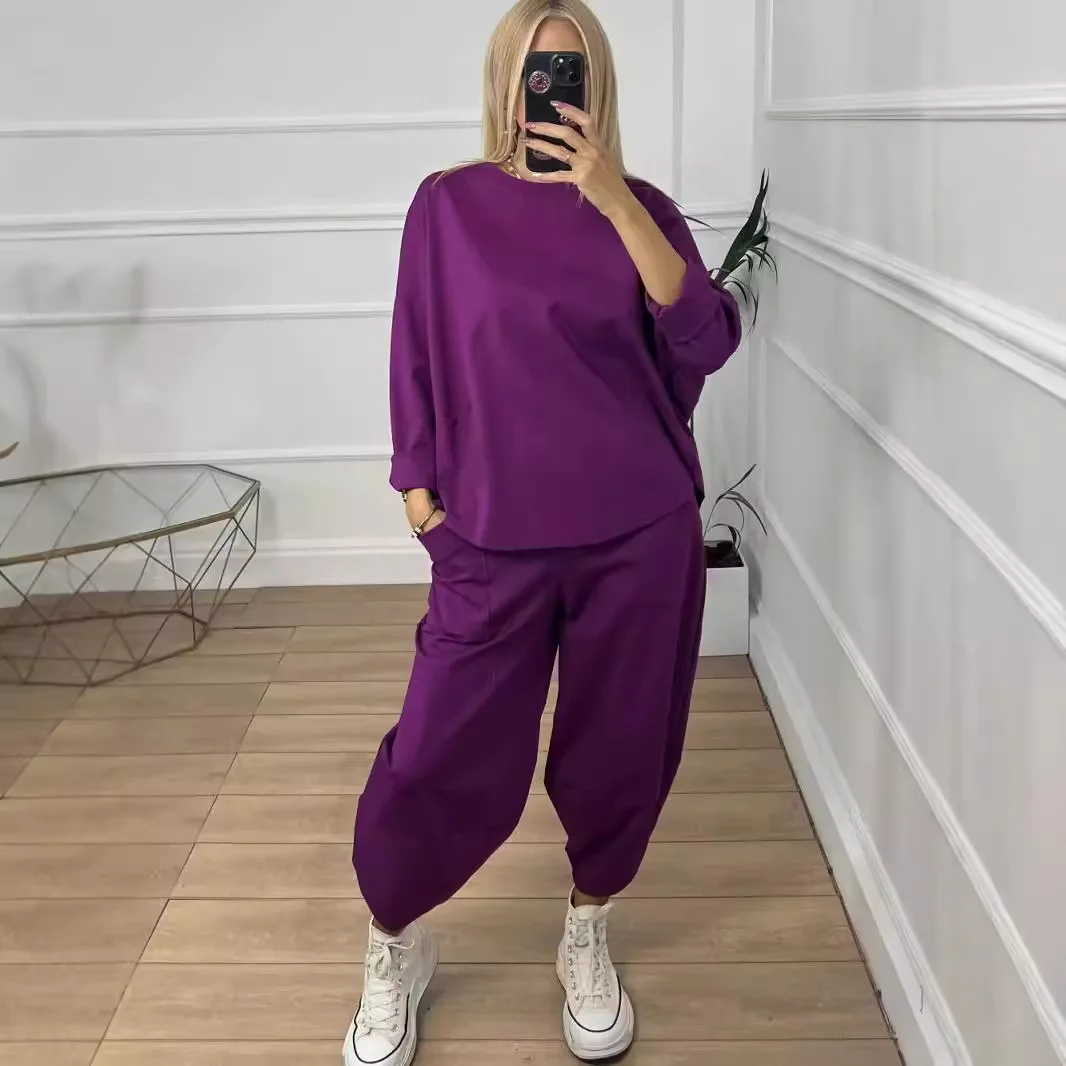 2025Fall Winter Solid Pullover Tops Two Piece Set Leisure Clothing Women O Neck Tops Long Pants Tracksuit Retro Loose Sport Suit