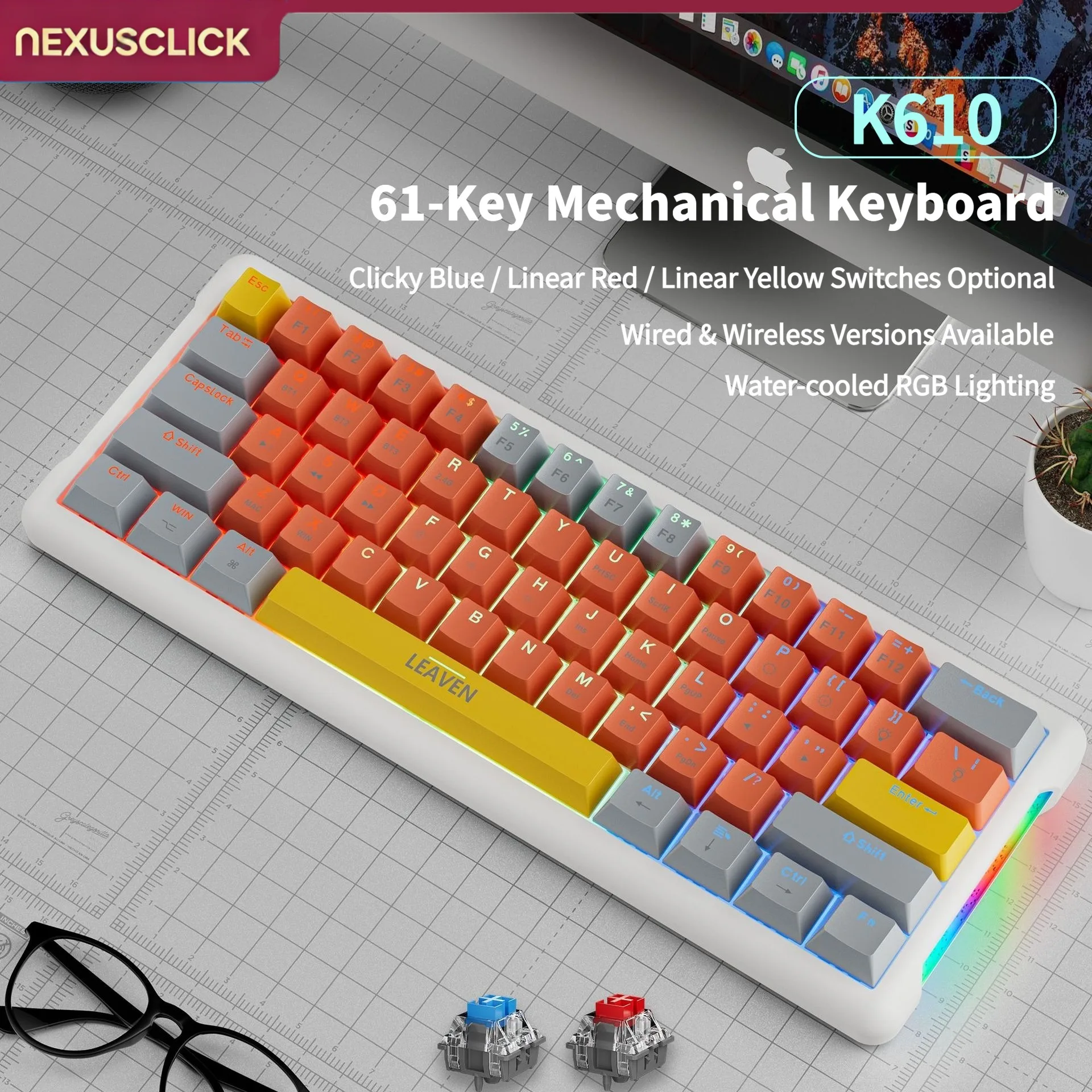 NexusClick RGB Backlit Stylish Esports Mechanical Keyboard,61 Keys Red Switch Hot Swappable,60% Mini Gaming Keycaps for Computer