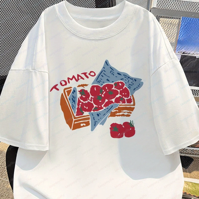Camiseta de Algodão com Estampa de Tomate Vermelho, Gola Redonda Respirável, Estilo Casual para o Dia a Dia e Ocasiões Formais, Manga Curta, Camiseta Estilosa para o Dia a Dia