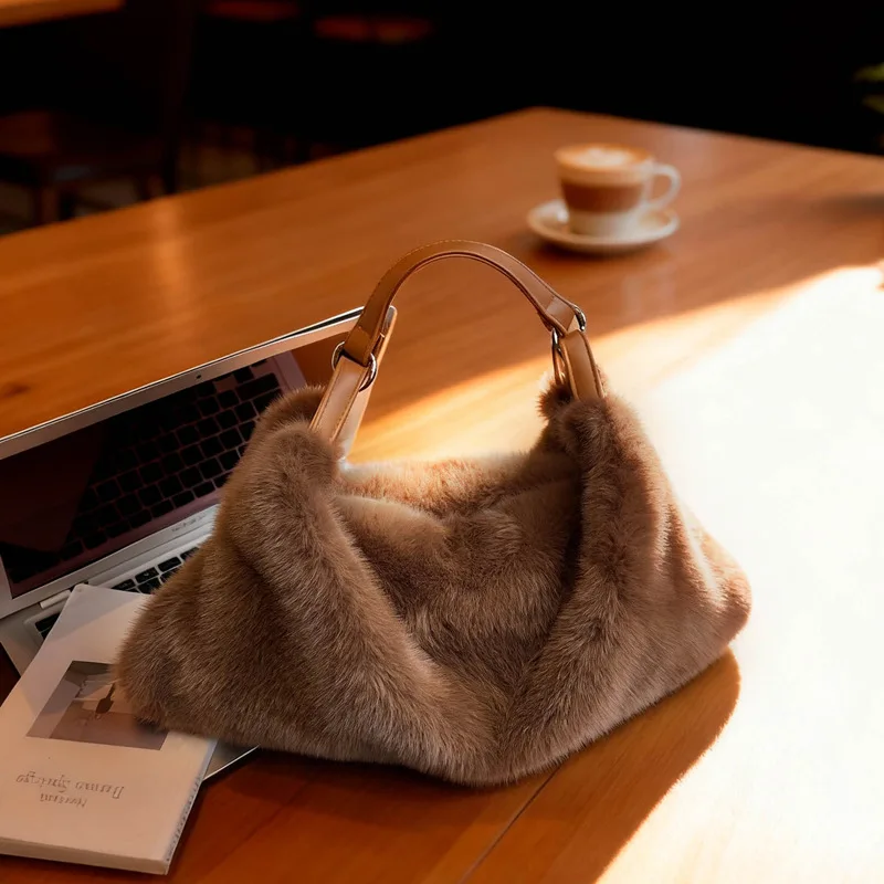 

Зимняя пушистая простая сумка с верхней ручкой, женская сумка через плечо большой вместимости, удобные и универсальные текстурные сумки для хранения