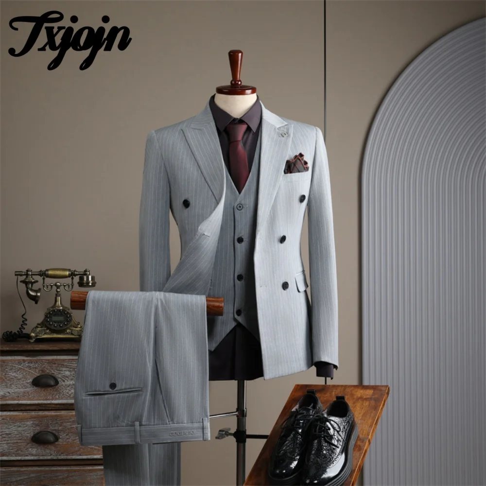 Luxurious Striped Suit 3PCS 2025 For Wedding Formal Peak Lapel Men Suit Classic Double Breasted Slim Suit For Groom Suit Customi
