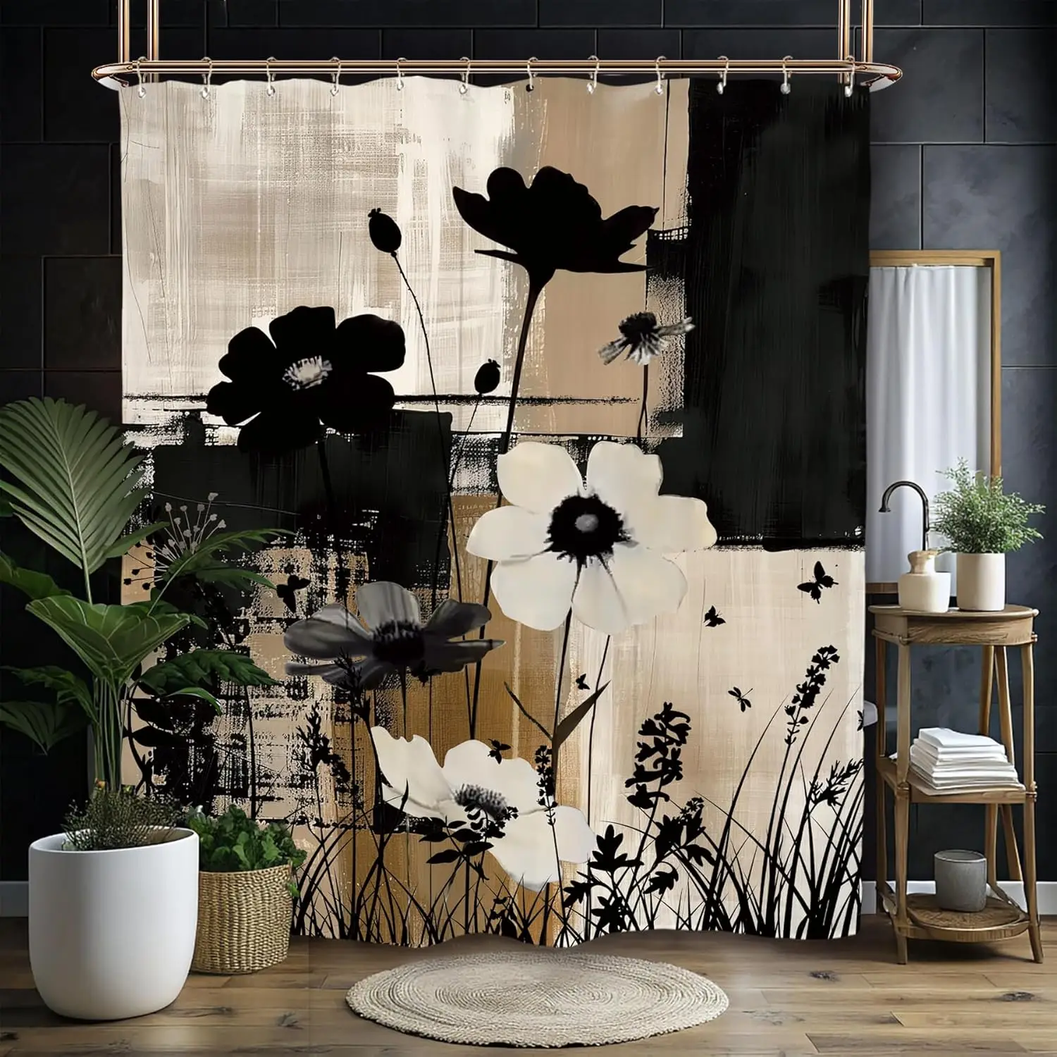 Abstract Modern Plant Flower Shower Curtain Set Black Tan Contemporary Minimalist Brushstroke Botanical Art Waterproof Bathroom