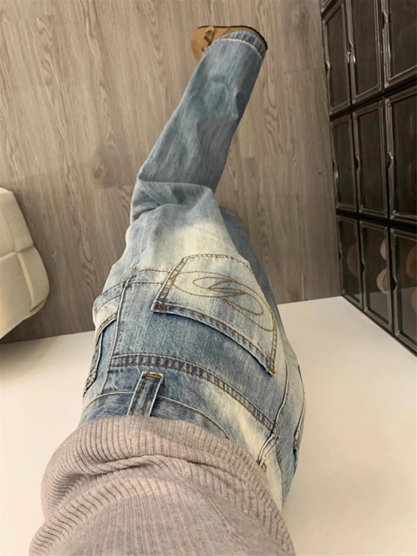 

Retro American Design Wide Straight Leg Jeans Women's Autumn Winter Thickened Fleece High Waist Slimming Embroidered Pants