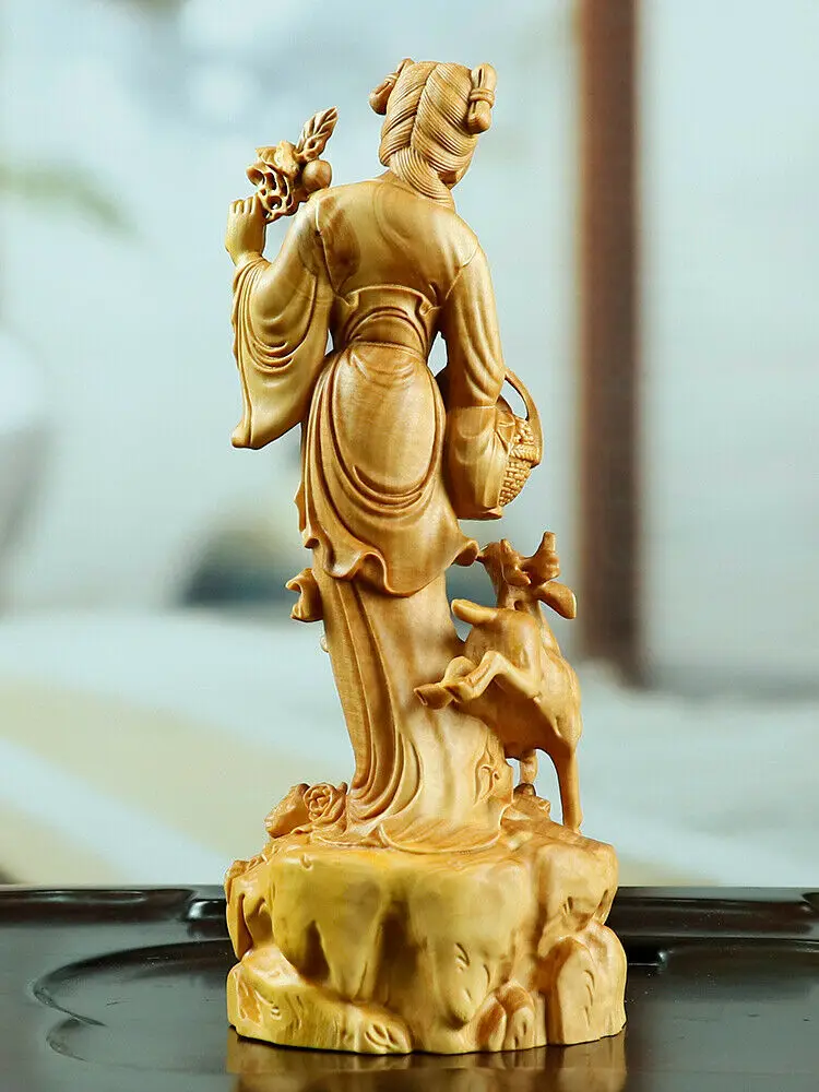 XS330- 15 Beautiful Fairy and Deer Boxwood Sculpture Wood Carving Statue Collection Ornaments