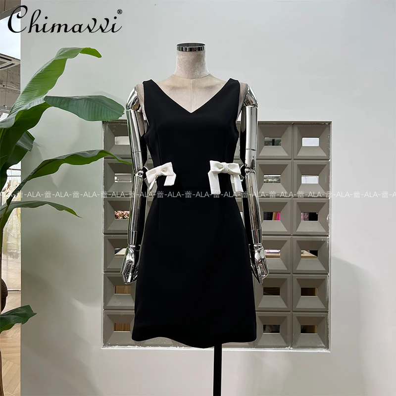 

Французские элегантные темпераментные светские летние платья с v-образным вырезом без рукавов и высокой талией с бантом, тонкое мини-платье трапециевидной формы для дня рождения, женское