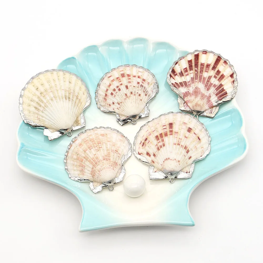 

Silver-Plated Scallop Shell Pendant Reddish-Brown Veined Shell Ornament Handcrafted Bohemian-Style Necklace Accessory 5pcs