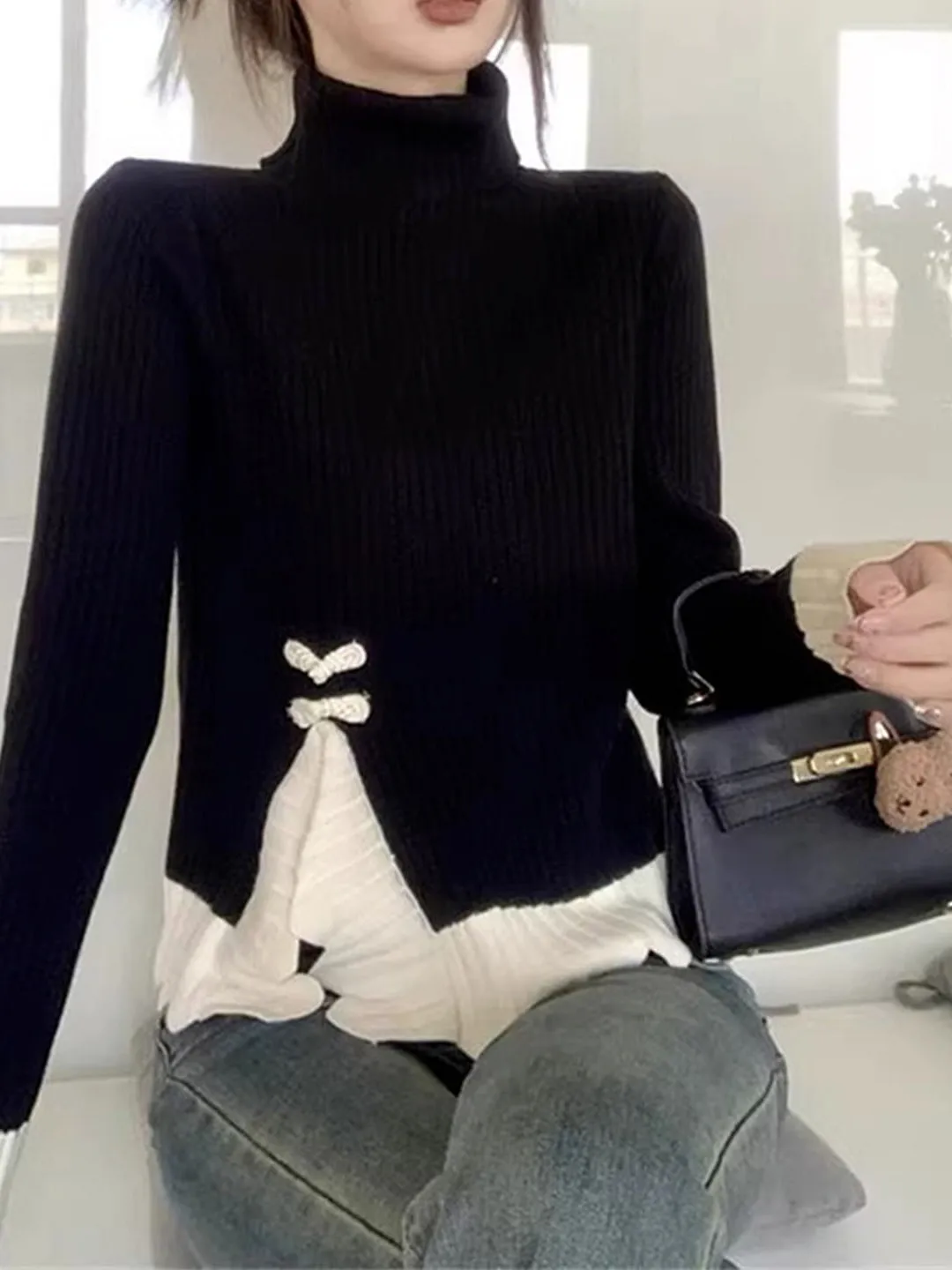 

Bla High Collar Sweater Women's Base Layer Knitted irt Inner Wear Chinese New Sle Autumn Winter Fake Two-Piece Top Design