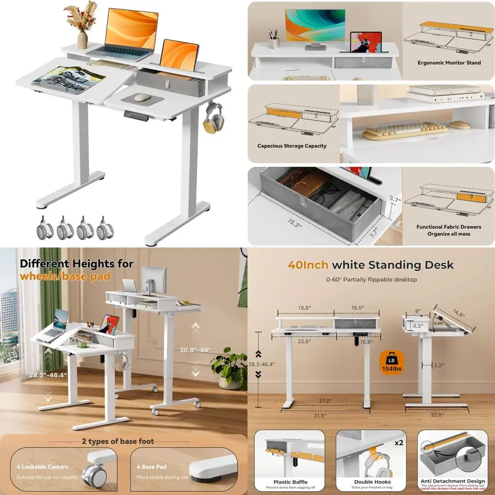 

Electric Height Adjustable Standing Desk, 60° Tilt, 40 Inch Foldable Laptop Table with Storage Shelf and Monitor Stand