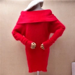 Female Women Autumn Winter Christmas Red Hairy Angora Rabbit Hair Knitted Slash Neck Slim Jumper Sweater Mink Fur Dress Pull Top