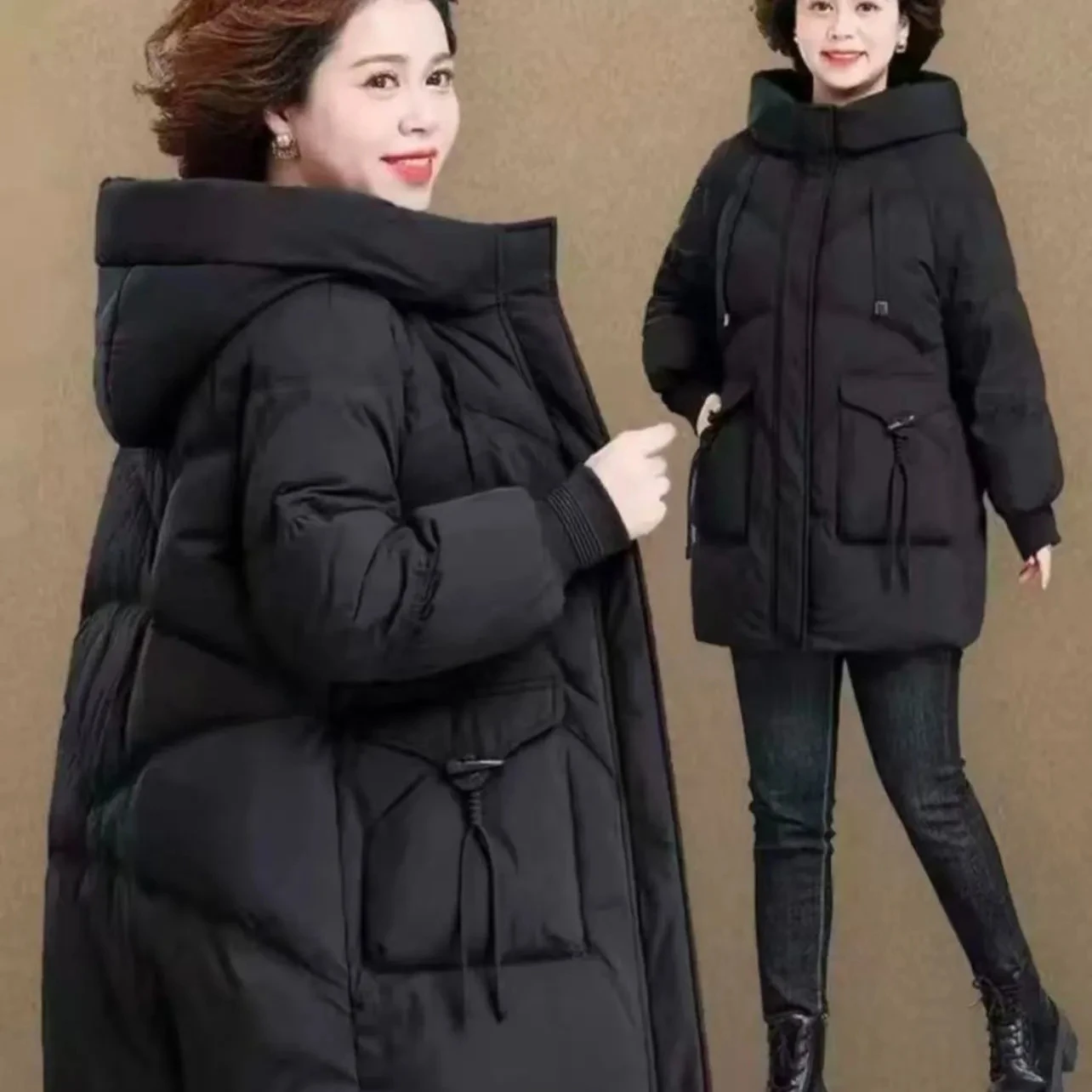 Casual Style Mid-Length down Jacket for Middle-Aged Mothers Winter Warm Thickened Cotton Coat with Hat Autumn Winter Outerwear