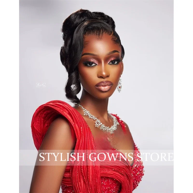 Nowe Czerwone Suknie Wieczorowe Aso Ebi Luksusowe 2025 Koraliki Kryształy Syreni Krój Sukienka Koktajlowa Afrykańska Suknia Ślubna na Przyjęcie Weselne Szyta na Miarę