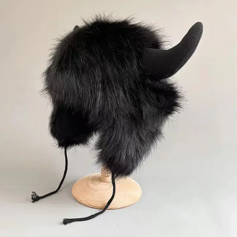 Winter Warm Big Black Cow Fur Thunderbolt Hat Ear Protection Windproof Cold-Weather Cotton Cap for Riding Electric Car