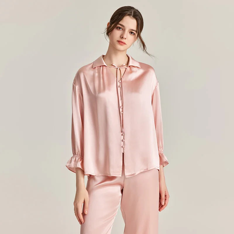 

19MM 100% Mulberry Silk Long Sleeves Long Pants Pajama Set Spring and Autumn Nightwear Women's Cardigan Pajamas Homewear Set PJS