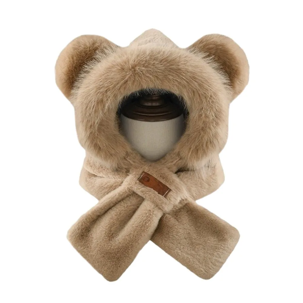 かわいいぬいぐるみ風冬用一体型キャップスカーフ、暖かい防風ビーニー帽スカーフ、カジュアルな厚手スカーフセット、フード付きサイクリング用