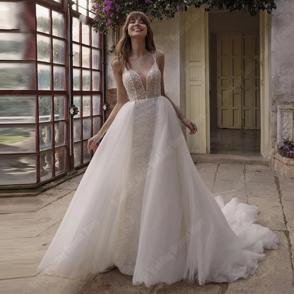 Vestidos de casamento branco boho em V profundo para mulheres, decalques populares, vestidos de noiva sereia, vestido de princesa superfície brilhante, 2024