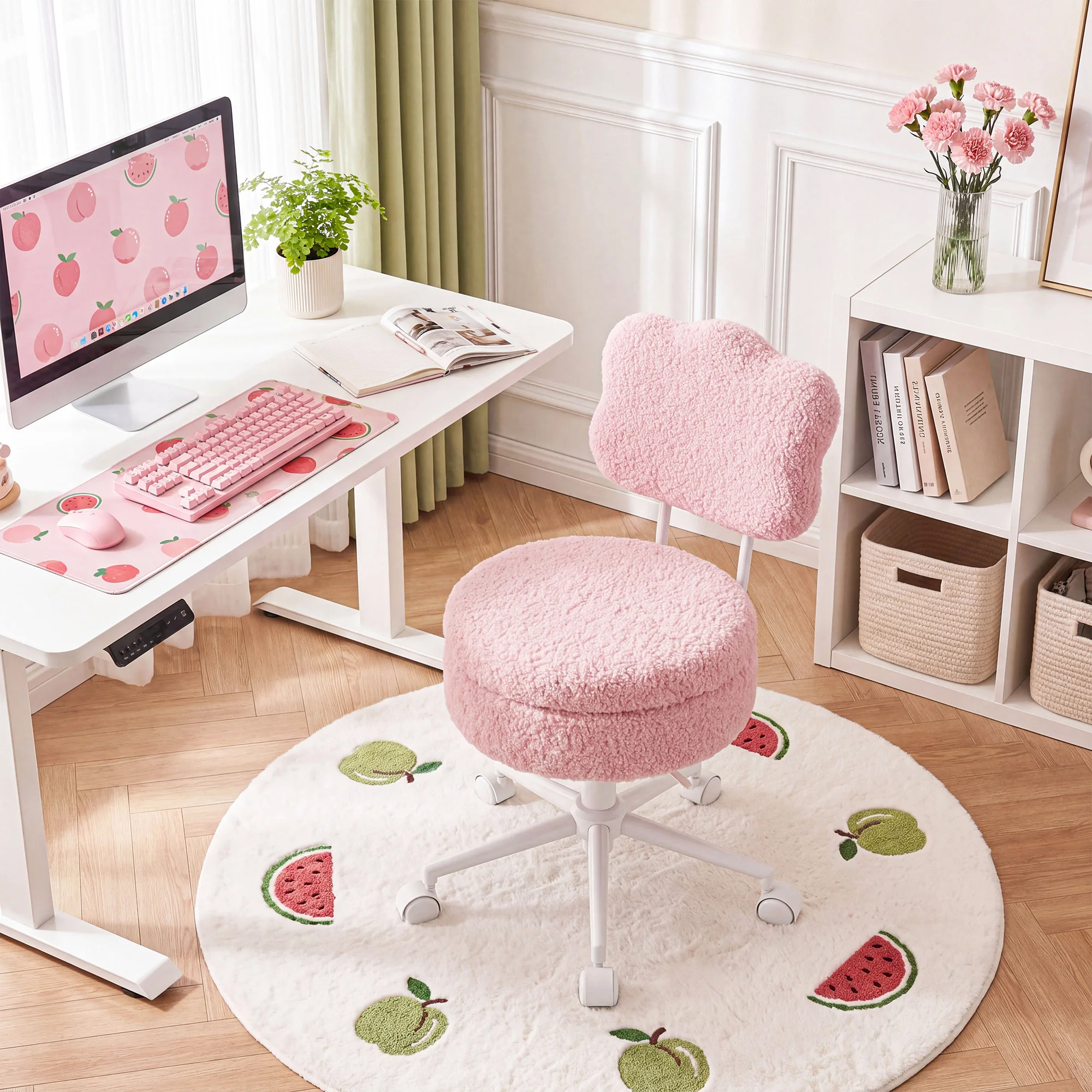 EnHomee Teddy Fleece Vanity Chair with Storage 360 Swivel Height Adjustable Makeup Chair with Wheels 300lbs Load Cute Desk Chair for Bedroom Dorm Home Furniture