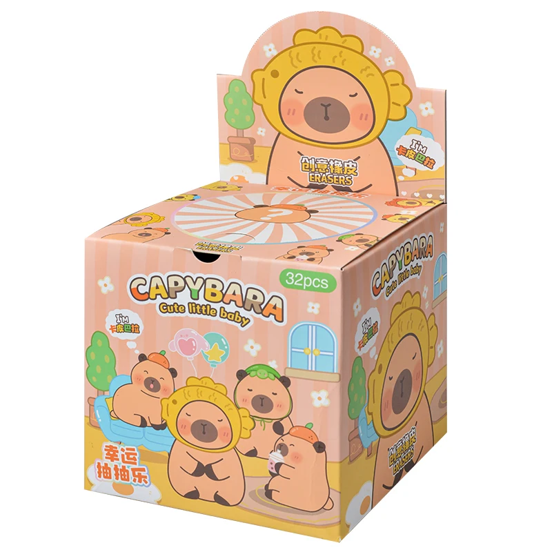 Original Box 32Pcs Capybara Blind Bag Cute Characters Little Baby Rubber Learning Stationery Model Figure Toy Children\'s Gift