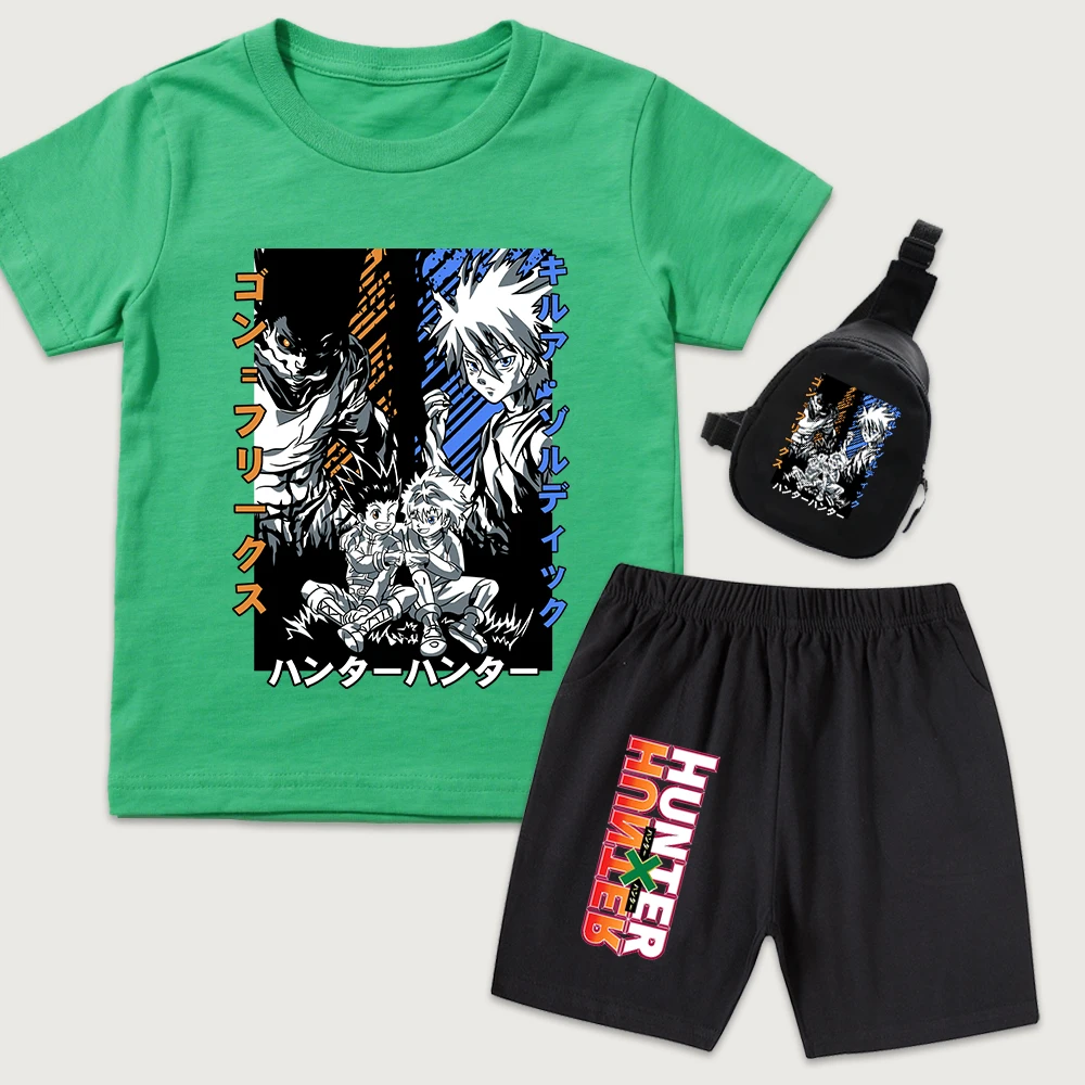 Hunter x Hunter Gon x Killua Anime Print Cotton T Shirts Shorts Mini Chest Bag 3Pcs Set for Kids Boys Girls Casual Wear