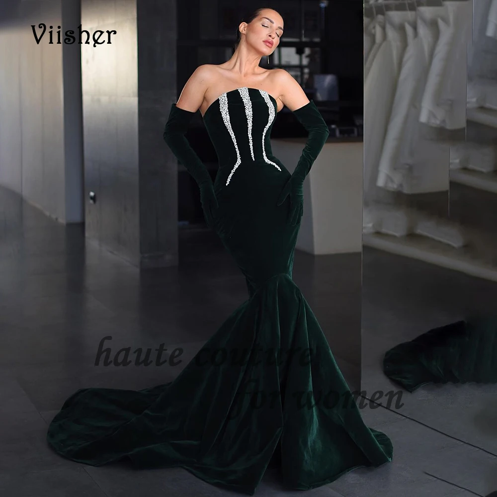 

Green Velvet Mermaid Evening Dresses with Sleeve Beaded Strapless Formal Dress with Train Long Prom Party Gowns Lace Up Back