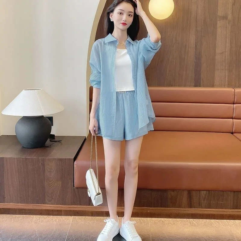 Fresh Japanese Girl Set Three-piece Cardigan Large Size Set Sunscreen Shorts Thin New Casual High Quality