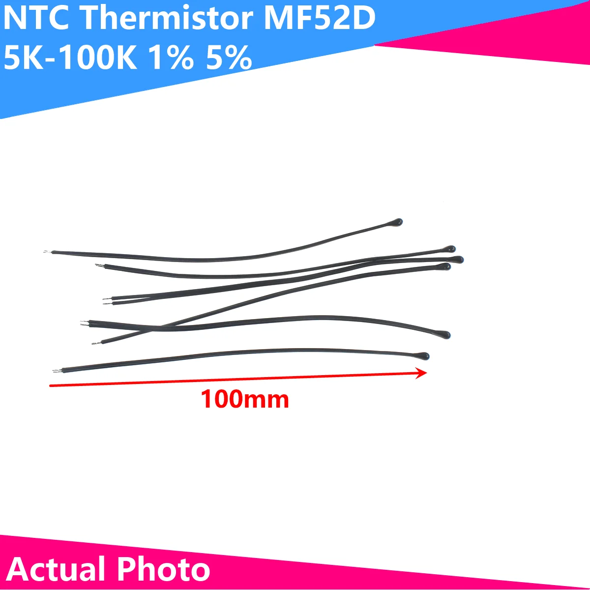 Termistor NTC de 10 piezas, sensor de temperatura, MF52D, 5K, 10K, 20K, 30K, 50K, 100K, B3950, 1% L100MM