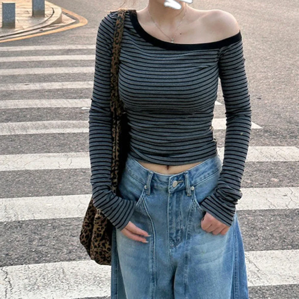 For Streetwear Y2K Crop Top Streetwear Outfit Black As Pictures Show Skew Collar Striped Pattern Regular Length