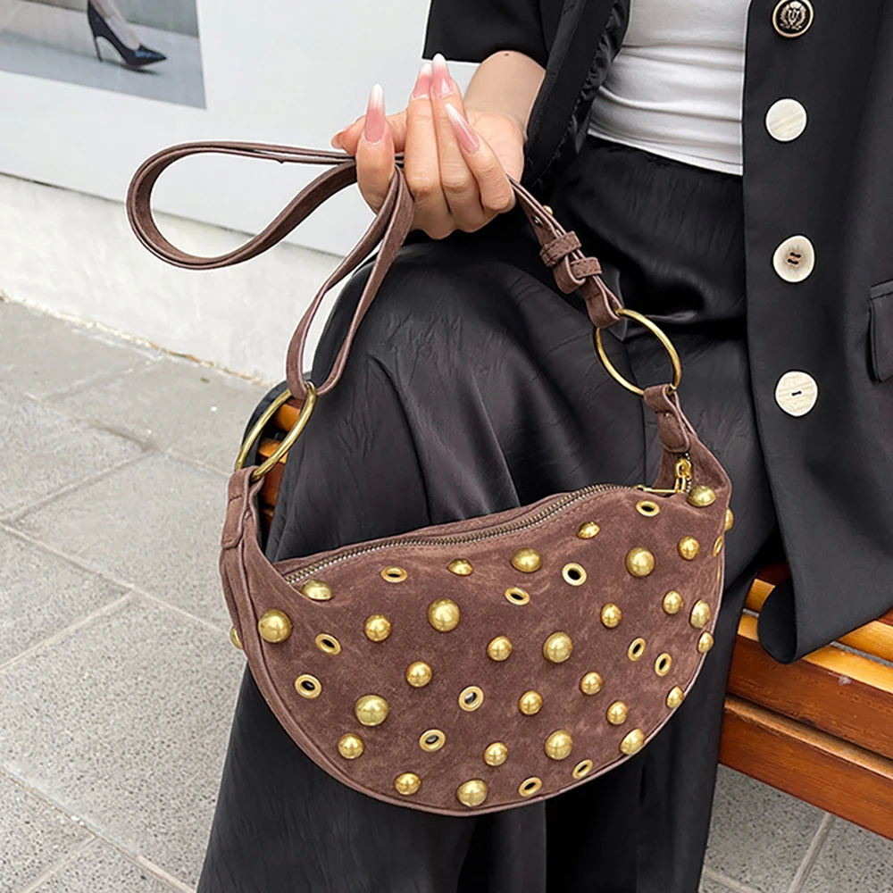

Retro Faux Suede Velvet Crossbody Bags Women Casual Y2K Punk Style Rivet Shoulder Bags 2025 New Half Moon Wasit Messenger Bag