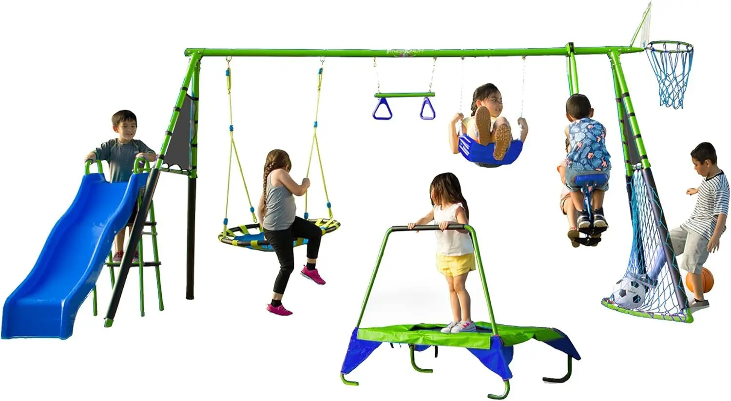 Outdoor 8-Station Playground Set - Comes with Swing Set, Slide, Monkey Bars, a Basketball Hoop