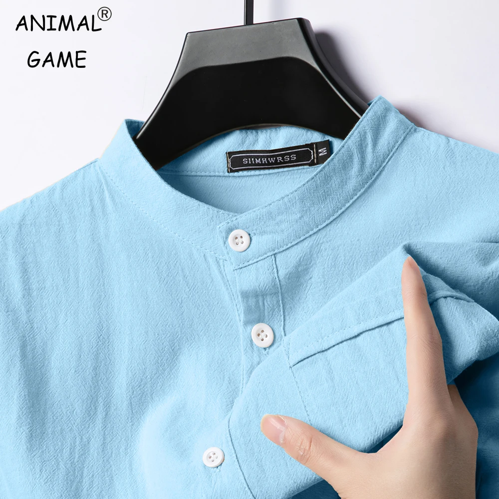 Summer Men\'s Stand Up Collar T Shirts Solid Color Short Sleeve Linen Shirt Trendy Breathable Loose Lightweight Basic Pocket Top