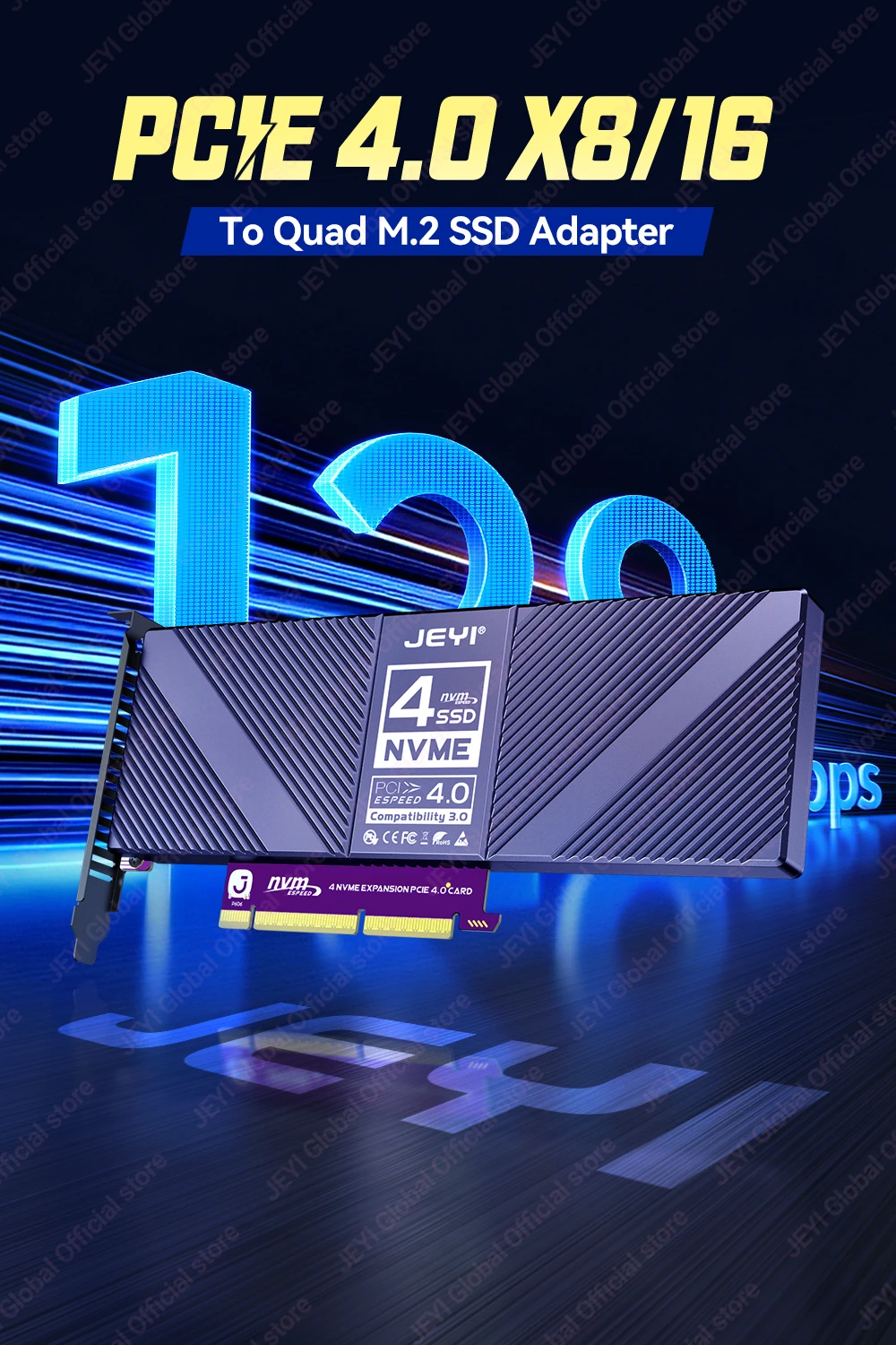 JEYI 4*NVMe SSD zu PCIe Adapter Nicht-Bifurkations-Mainboard-Adapter mit RAID 0 1 5 JBOD Unterstützung, max. 128 Gbit/s PCIe X8/X16 Port mit PWM-Lüfter – Detail 1