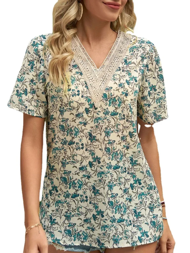 Women Short Sleeve Lace V-neck Chiffon Printed Tops