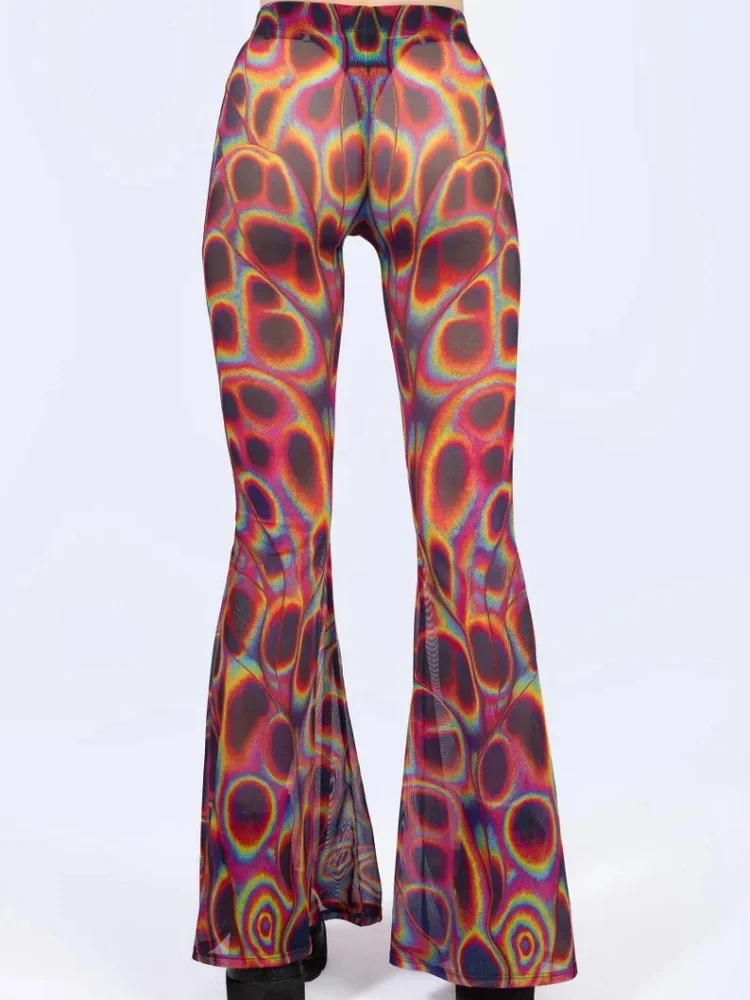 Psychedelische Regenbogen-Leopardenmuster-Schlaghose für Damen, Rave-Festival-Cosplay-Hose, Halloween-Nachtclub-Party-Performance-Outfit – Detail 5