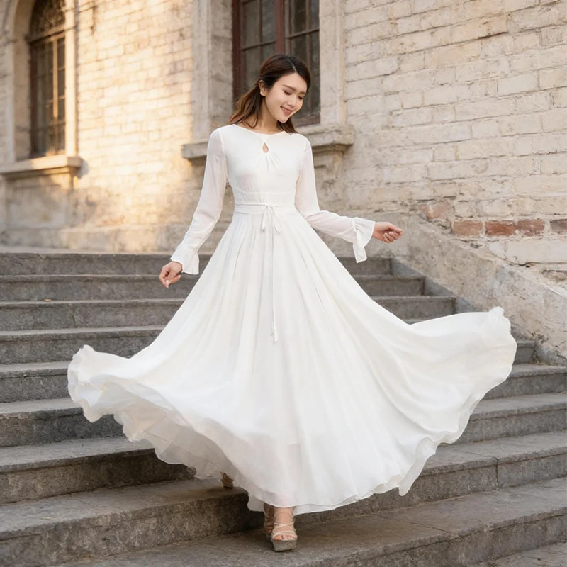 

White Chiffcn dress, Long sleeve Bohemian SwingChiffon dress, Women Summer spring Fit and FlareChiffon Maxi dress