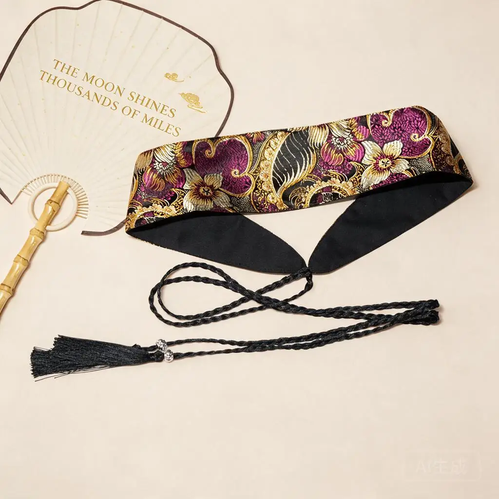 Women Black Vintage Ethnic Floral Embroidered Long Tassel Waist Belt Decorative Versatile Cincher For Hanfu Retro Daily Outfits